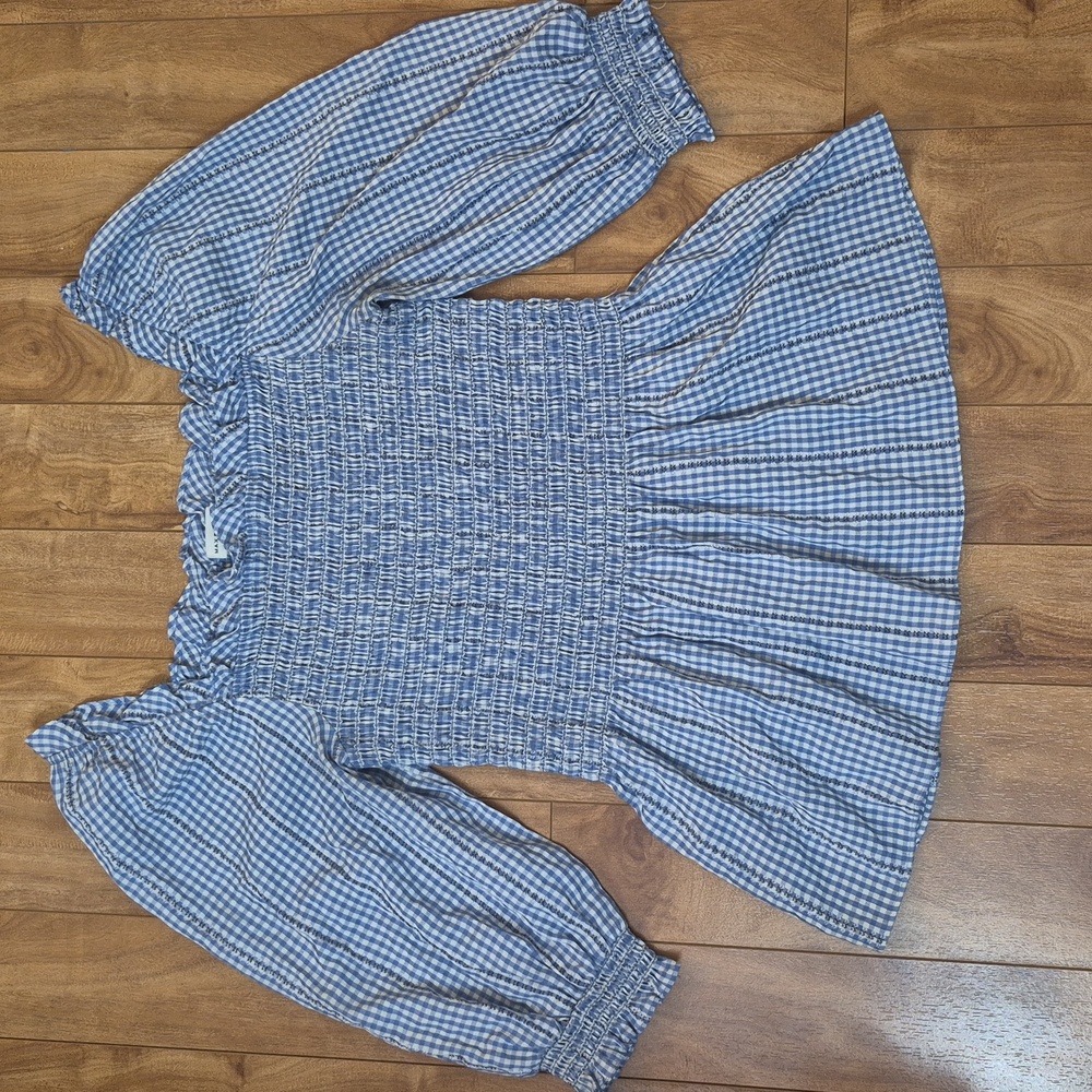 Max Studio Blue and White Gingham Smocked Peplum Top